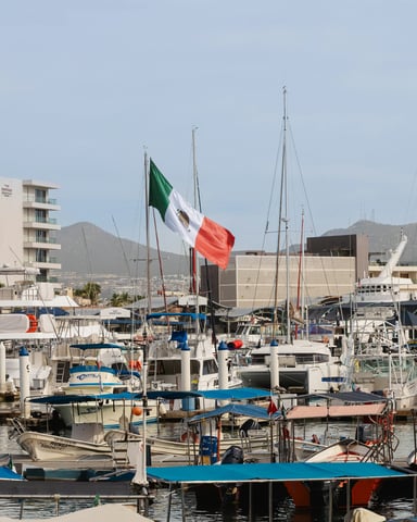 Mexican flag flying over the busy Cabo San Lucas marina with boats and waterfront